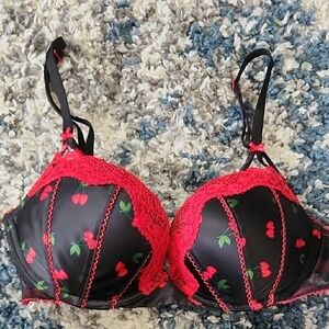 Chic Black and Red Cherry Lace Bra